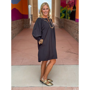 Leighton V-Neck Balloon Sleeve Dress with Leopard Detail - Black