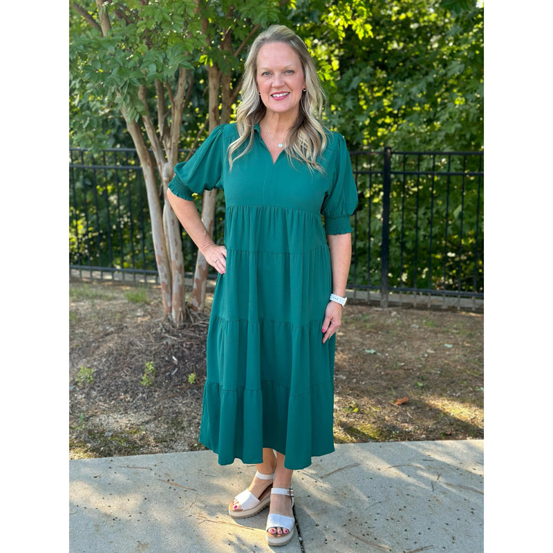 Brenda Collared Tiered Midi Dress - Forest Green