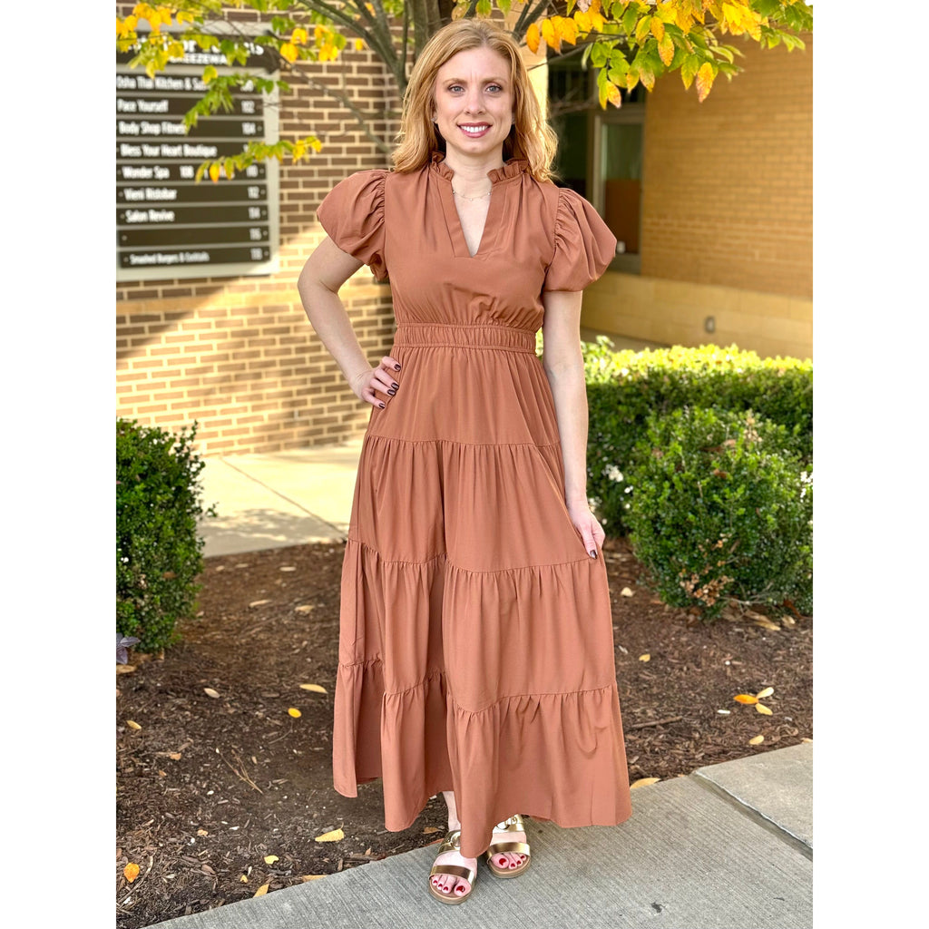 Amberlyn V-Neck Bubble Sleeve Tiered Maxi Dress - Clay