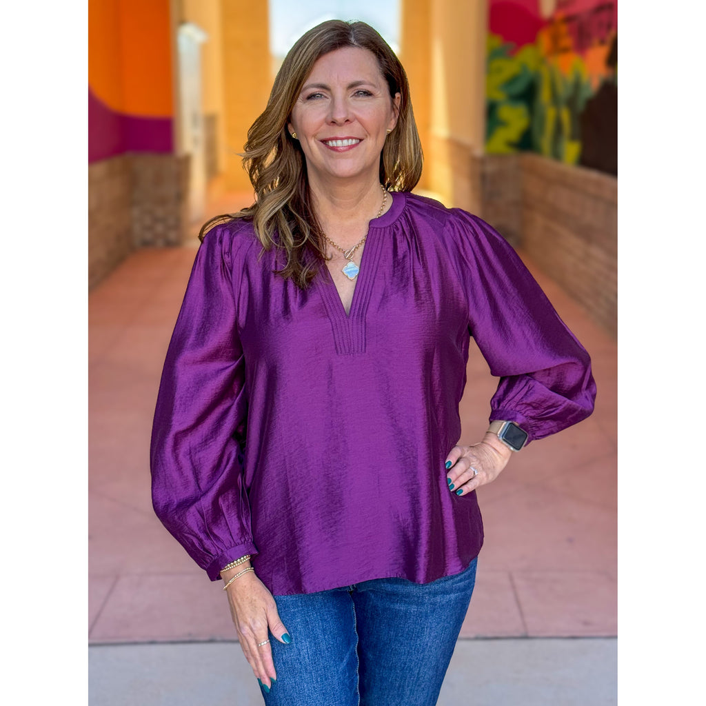 Randi Long Sleeve Split Neck Top - Boysenberry