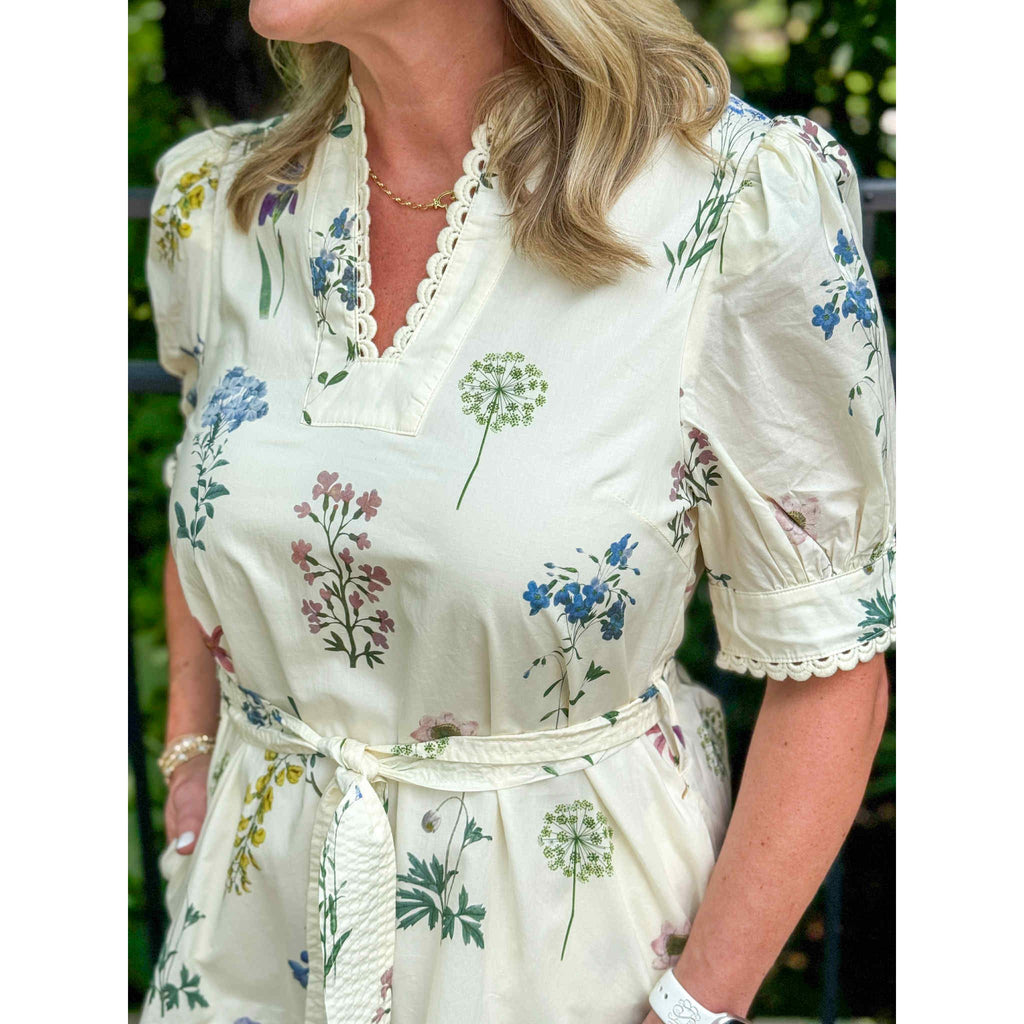 Elly Floral Lace Trim Dress - Cream