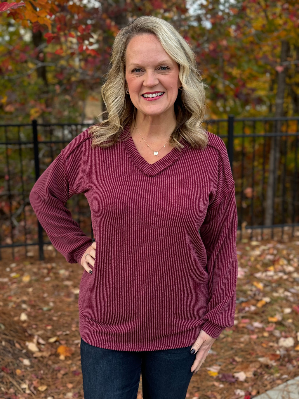 Remi V-Neck Long Puff Sleeve Urban Ribbed Top - Burgundy