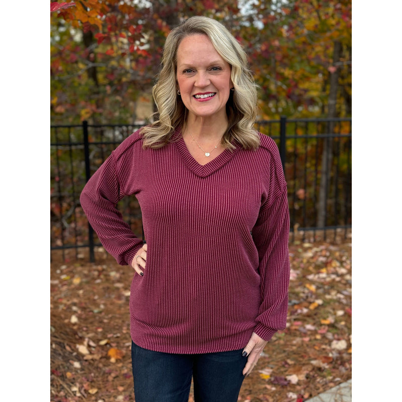 Remi V-Neck Long Puff Sleeve Urban Ribbed Top - Burgundy