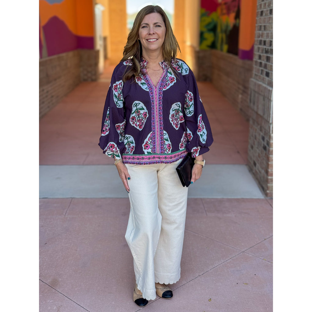 Brandy Boho Floral Print Tunic Top - Plum