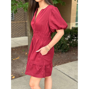 Adalee Solid Short Puff Sleeve Dress - Burgundy