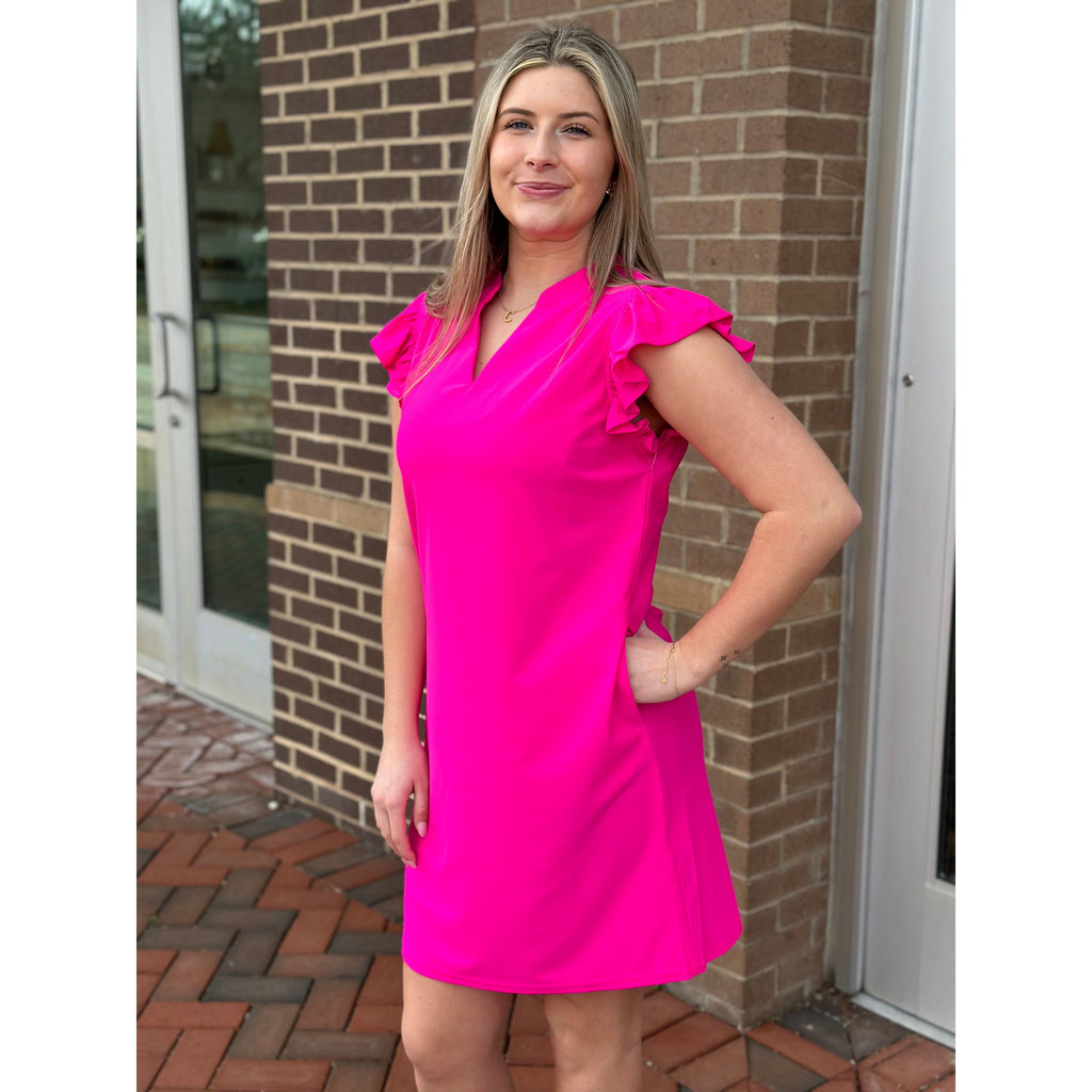 Tracy Ruffle Cap Sleeve Dress - Hot Pink