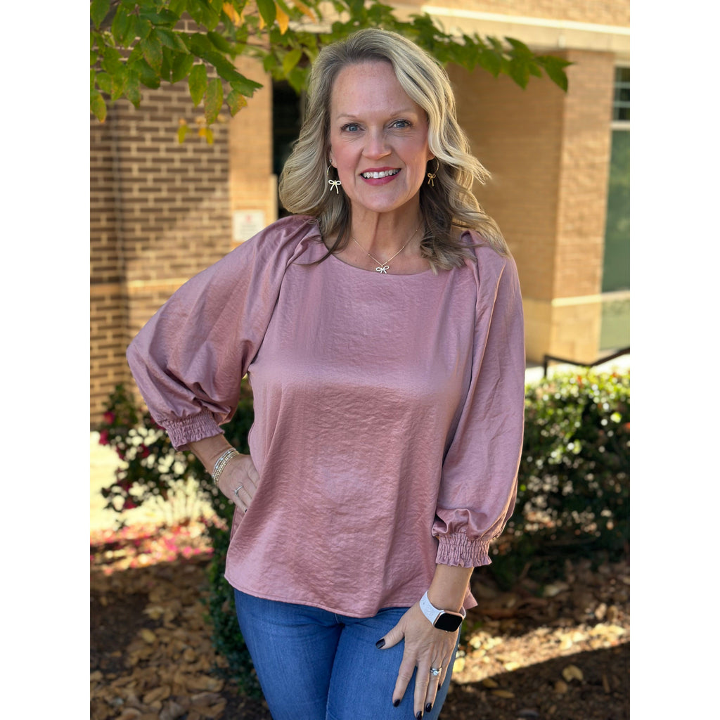 Cadence Round Neck Puff Sleeve Blouse - Dusty Rose