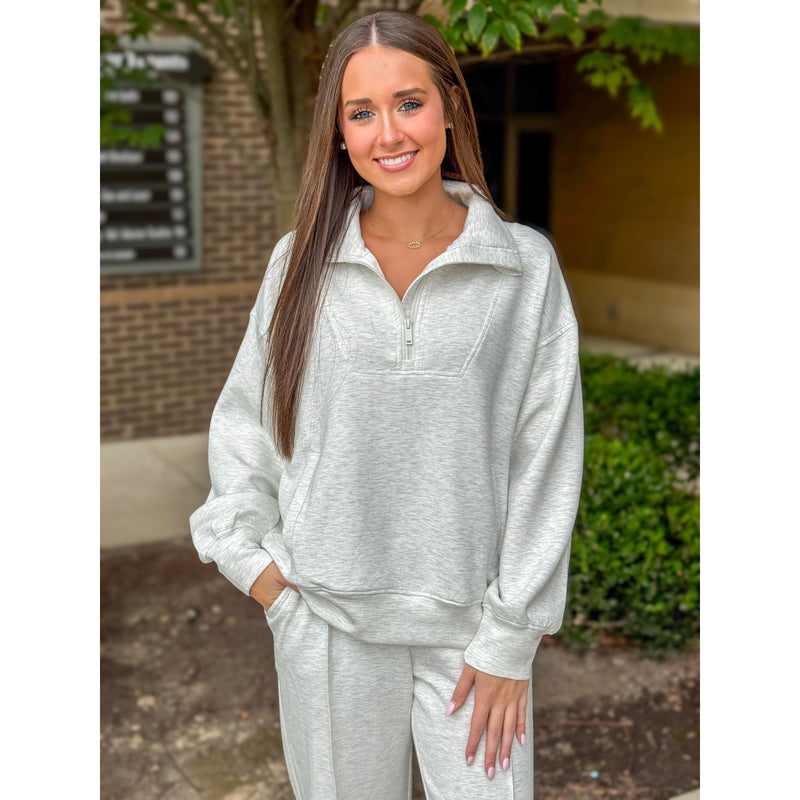 Daniella Modal Quarter Zip Mock Neck Pullover - Light Heather Grey