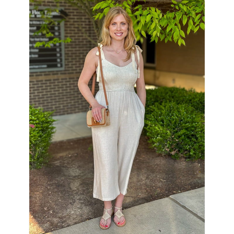 Jessie Soft Linen Smocked Top Jumpsuit - Natural - FINAL SALE