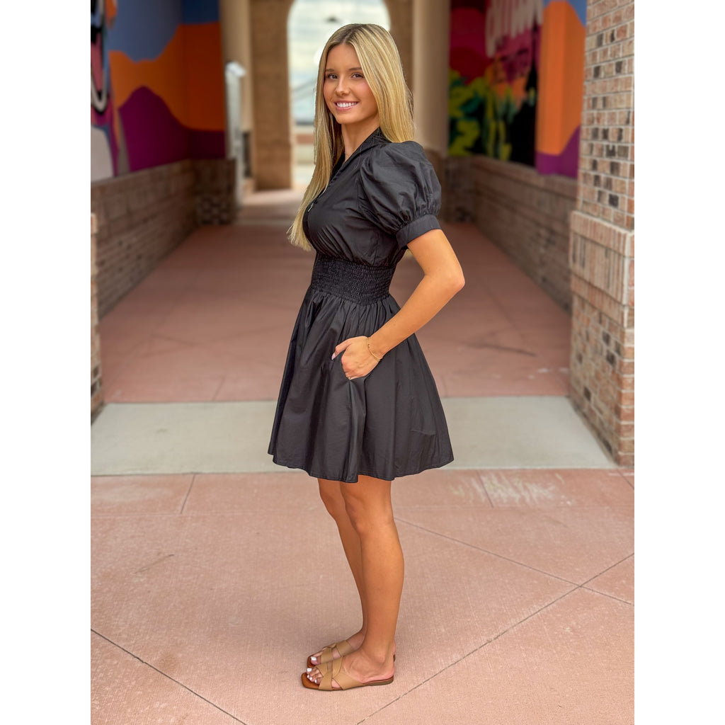 Betsy Solid Short Puff Sleeve Front Zip Mini Dress - Black