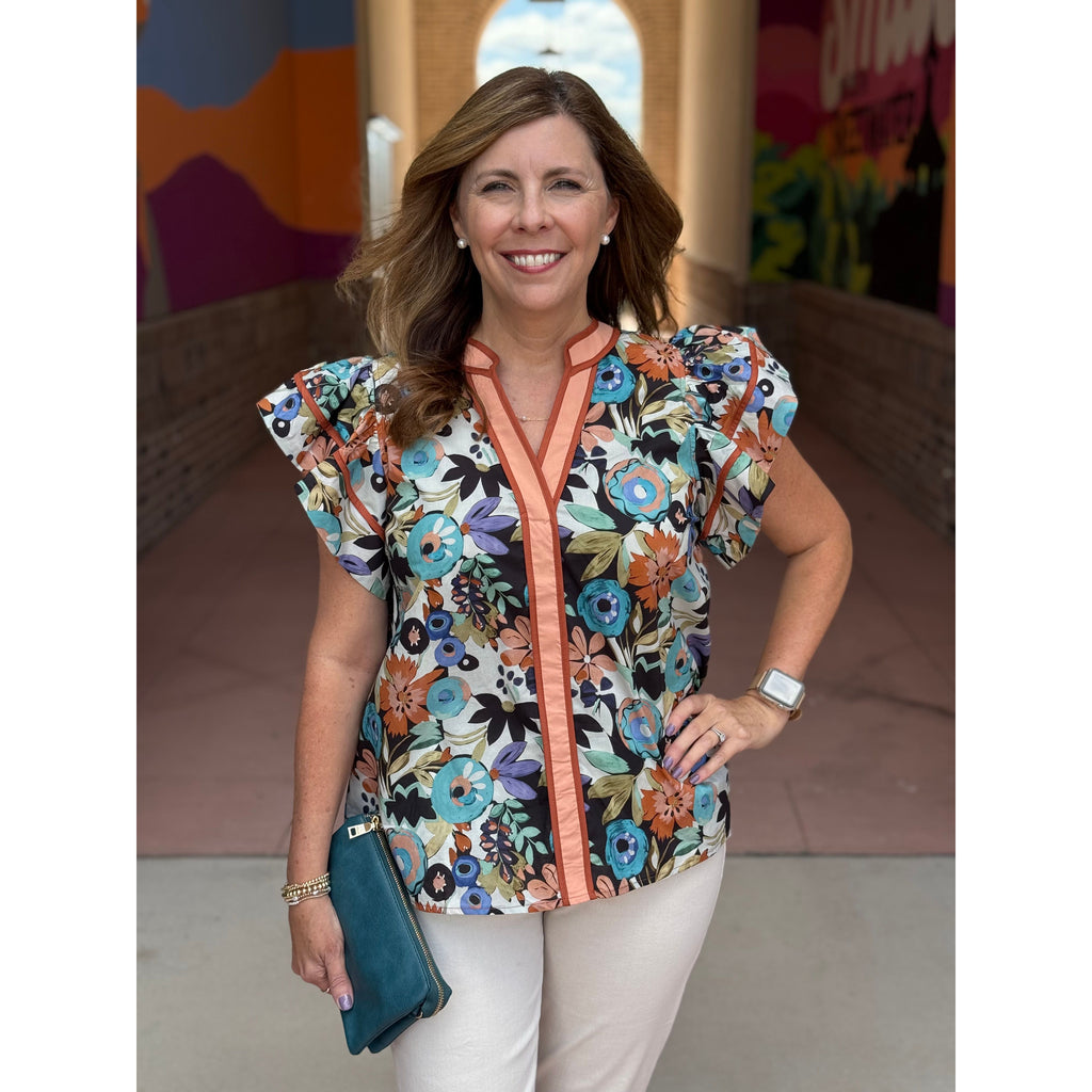 Rowan Floral Flutter Sleeve Top - Cinnamon
