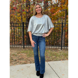 Courtney Round Neck Elbow Length Knit Top - Metallic Silver