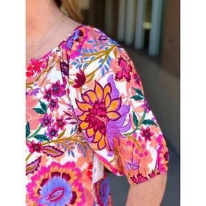 Liverpool Short Sleeve Button Front Shirred Woven Blouse - Floral Paradise Multi