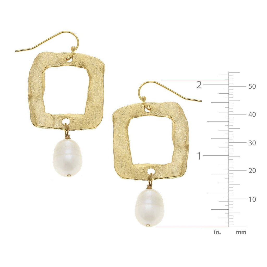 Susan Shaw Gold Open Square and Genuine Freshwater Pearl Earrings