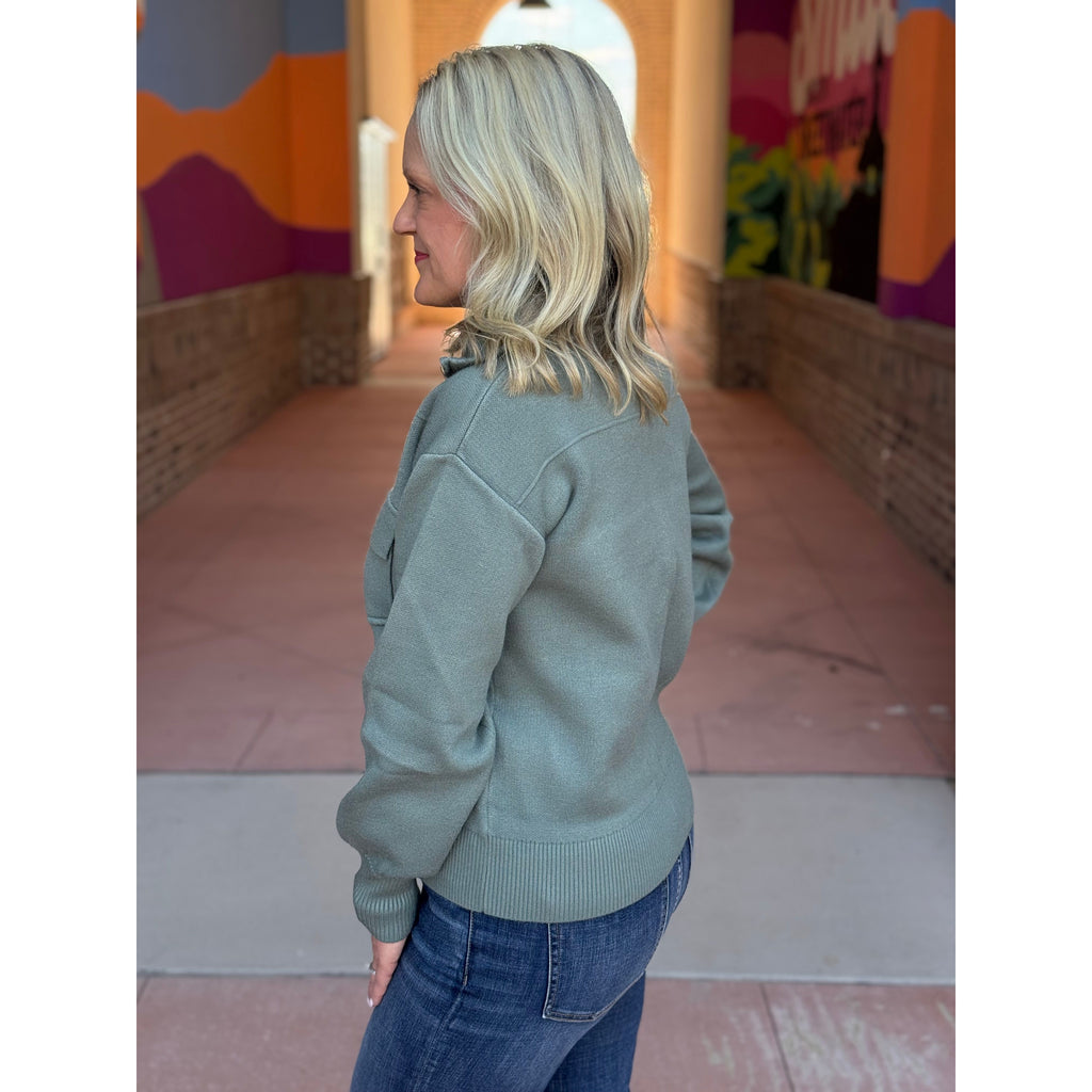Gizelle Mock Neck Zipper Down Sweater Jacket - Dusty Jade