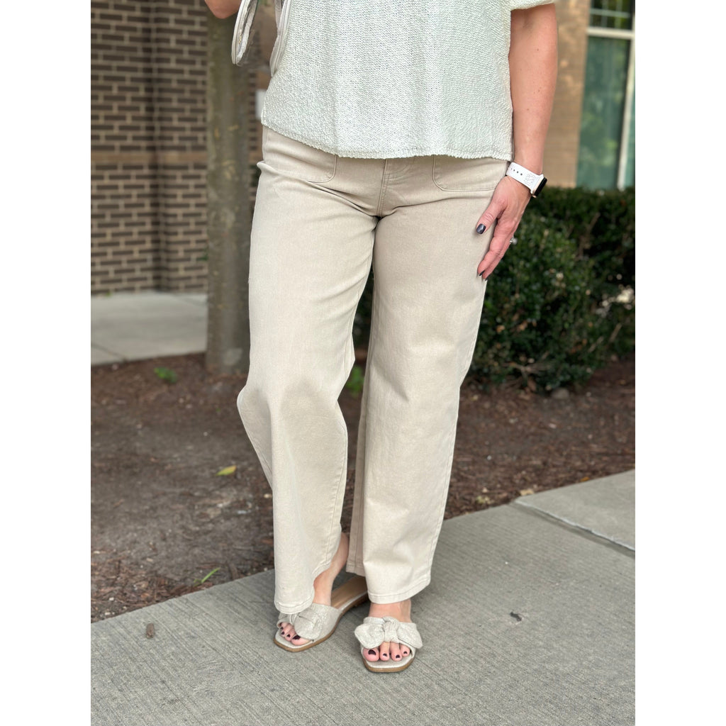 Suni High-Waisted Wide Leg Pants with Front Pockets - Stone