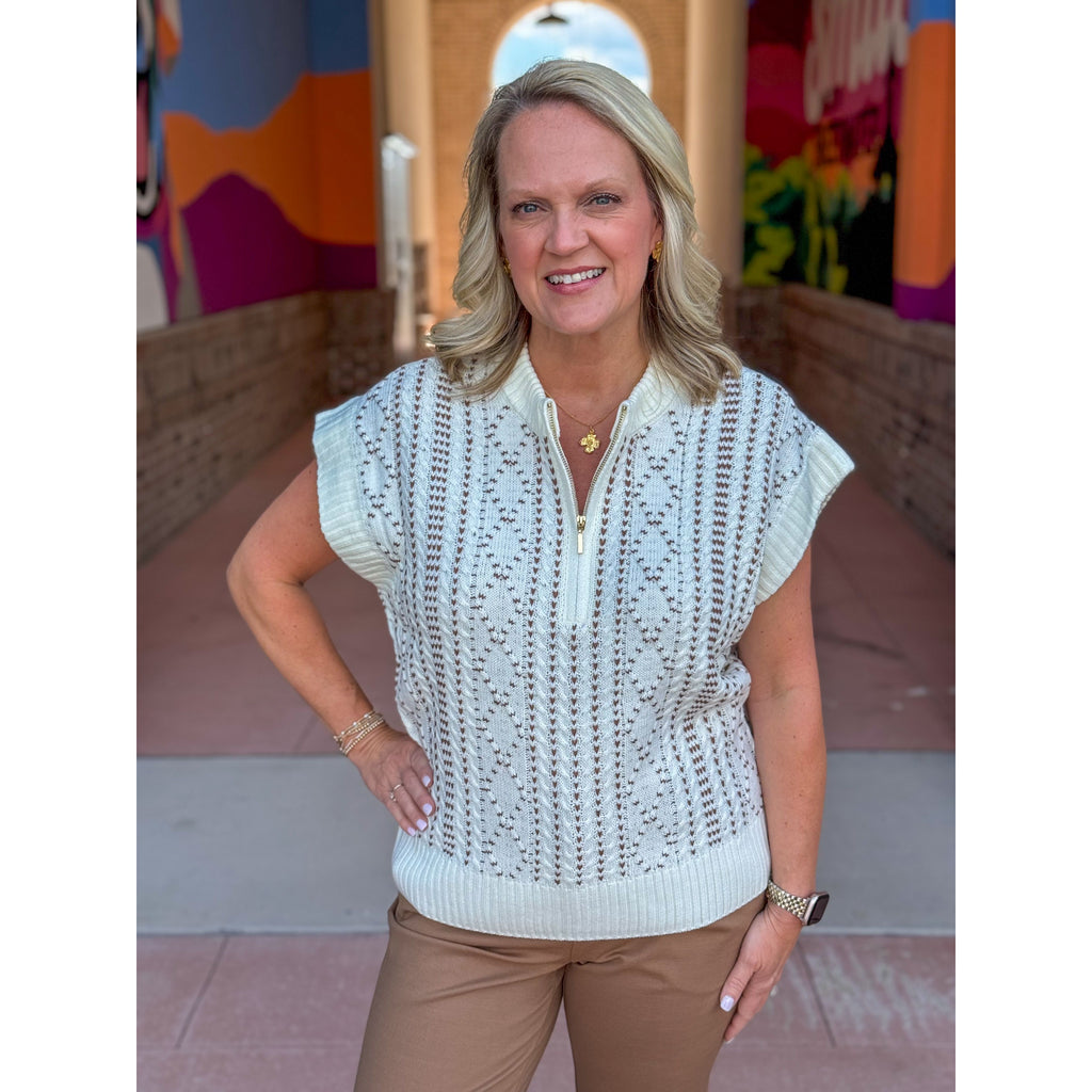 Liverpool Cap Sleeve Dolman 1/2 Zip Sweater - Cream with Camel