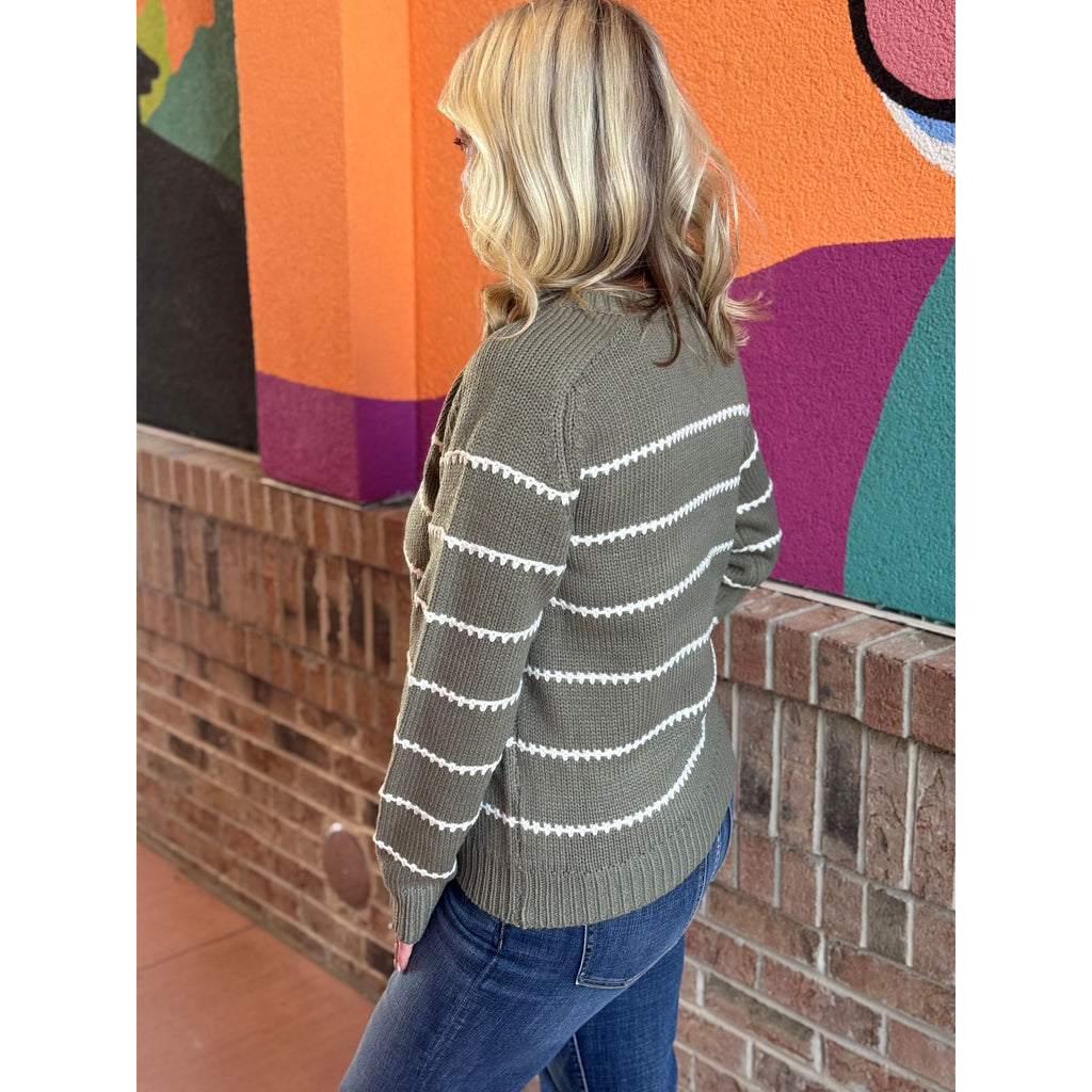 Karen Blanket Stitch Striped Pullover Sweater - Dark Olive
