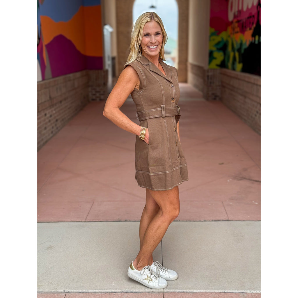 Sandee Sleeveless Lapel Self Belt Mini Dress - Brown