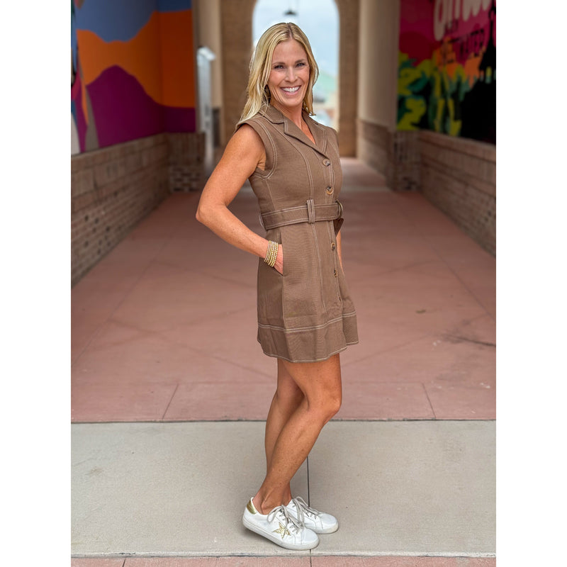 Sandee Sleeveless Lapel Self Belt Mini Dress - Brown