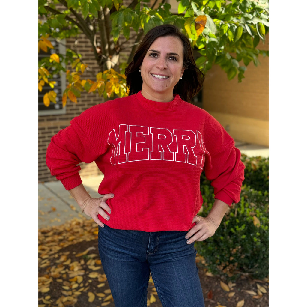 "Merry" Knit Ribbed Christmas Sweatshirt - Red