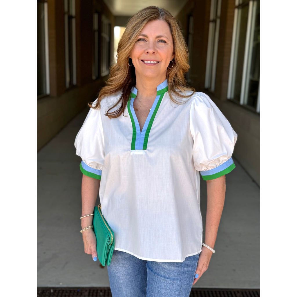 Lana Short Bubble Sleeve with Multicolor Band Blouse - Off White