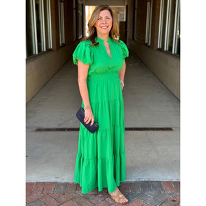 Amberlyn V-Neck Bubble Sleeve Tiered Maxi Dress - Kelly Green