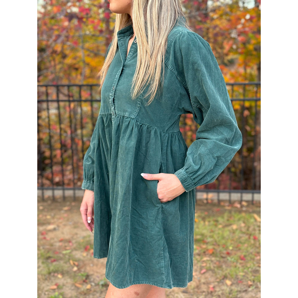 Hayden Corduroy Baby Doll Dress - Hunter Green