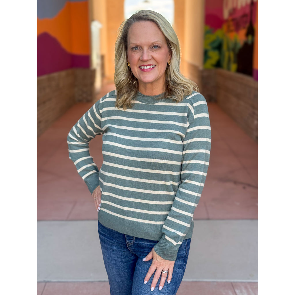 Landyn Striped Raglan Long Sleeve Sweater - Dusty Jade