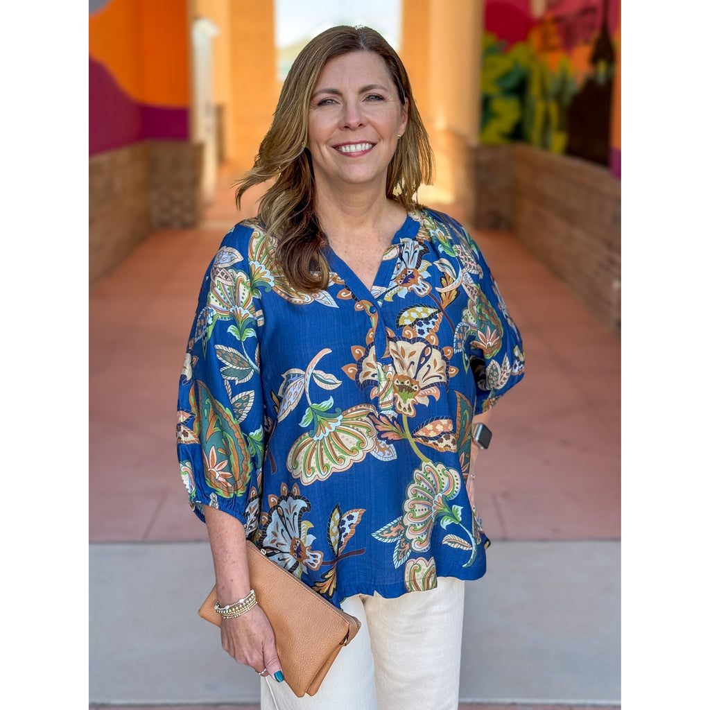 Willa Paisley Puff Sleeve Top - Navy