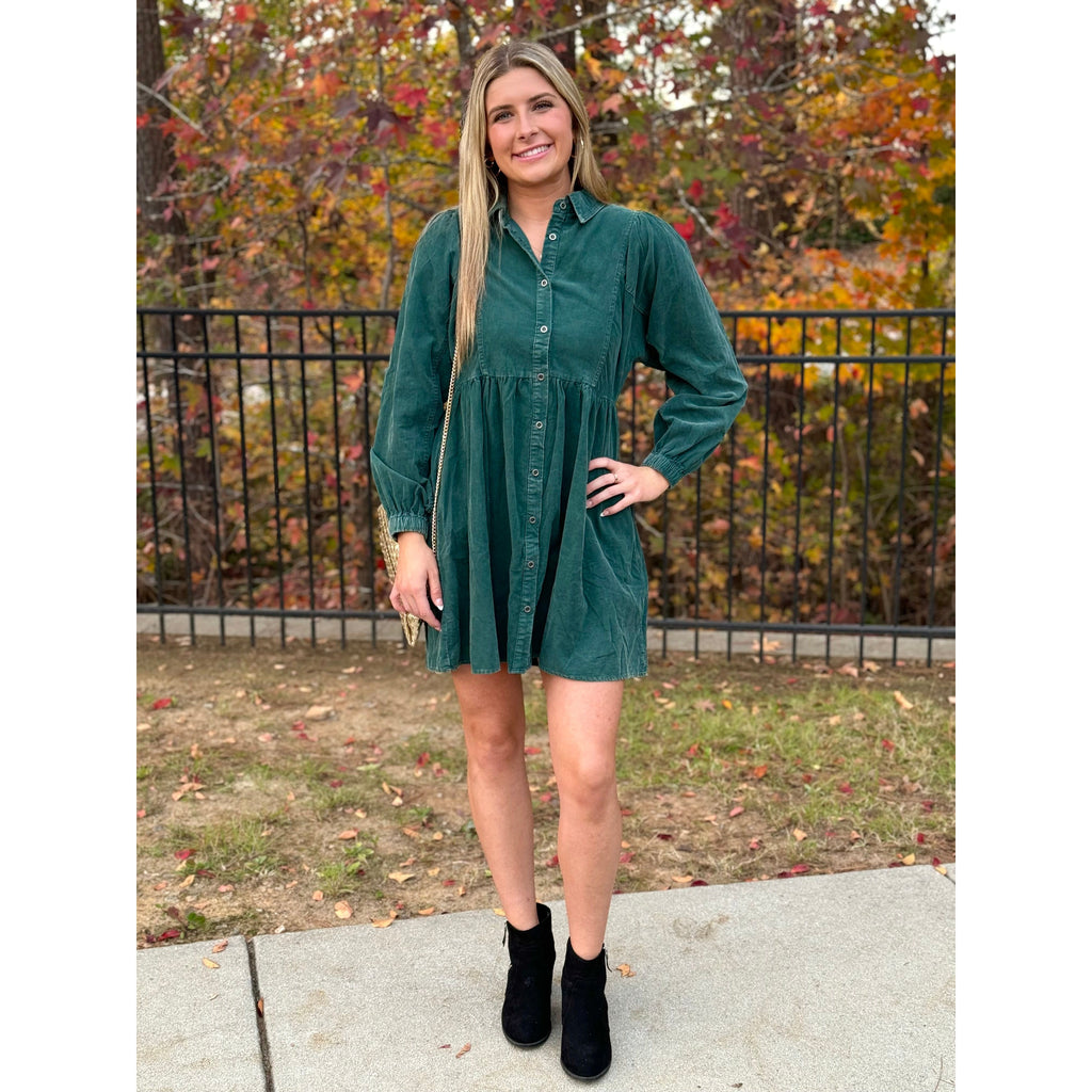 Hayden Corduroy Baby Doll Dress - Hunter Green