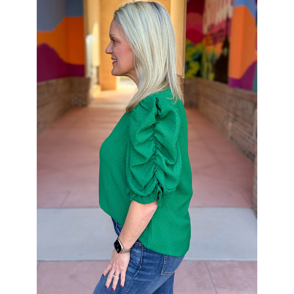 Ariana Puff Sleeve Textured Knit Top - Green