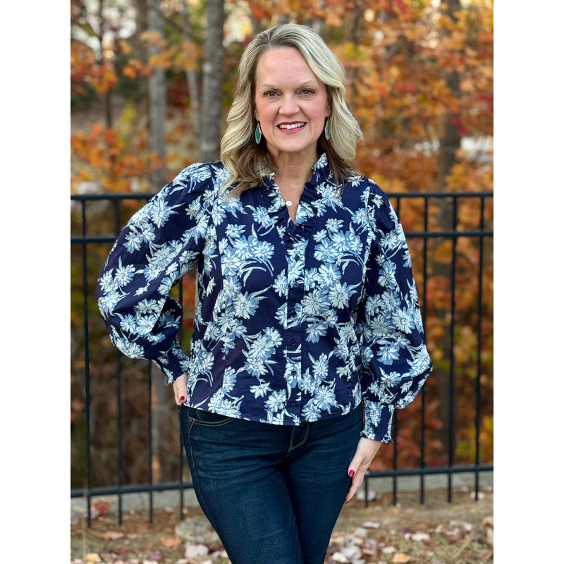 Mallory V-Neck Floral Print Blouse - Navy - FINAL SALE