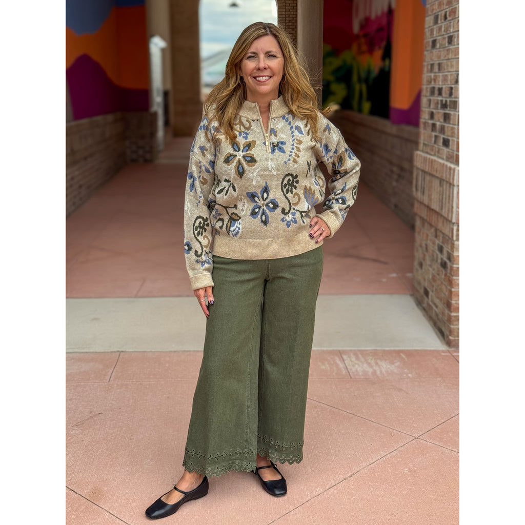 Mitzi Floral Half Zip Up Sweater - Barley