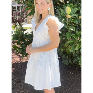 Layna V-Neck Ruffle Sleeve Dress - Off White