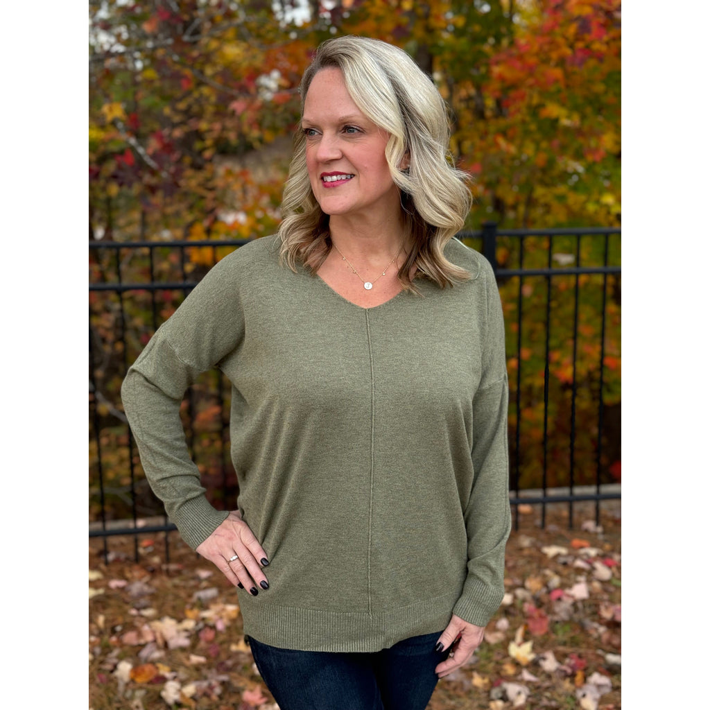 Madeleine Front Seam Sweater - Heather Med Olive