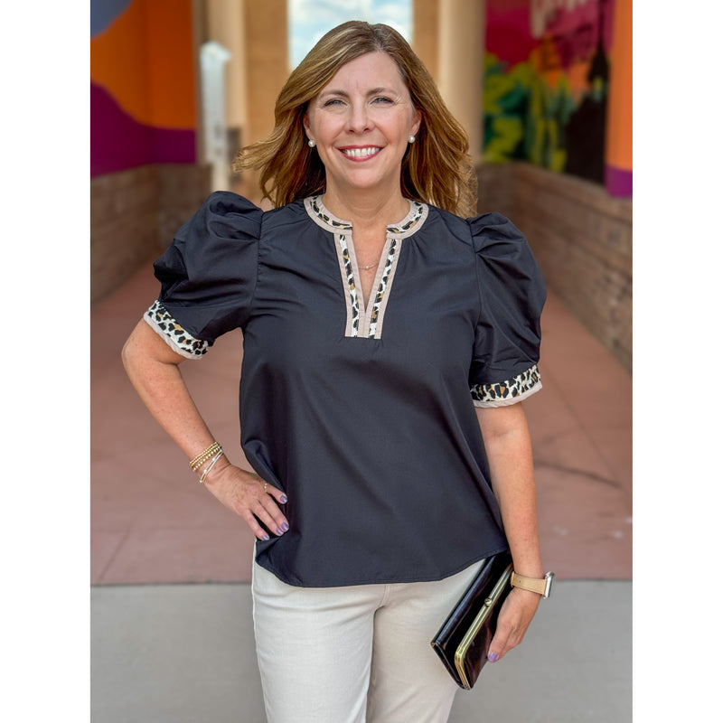 Angela V-Neck Top with Leopard Print Accents - Black