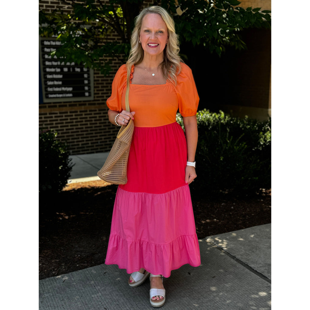 Citrus Colorblock Tiered Midi Dress - Orange/Red/Pink