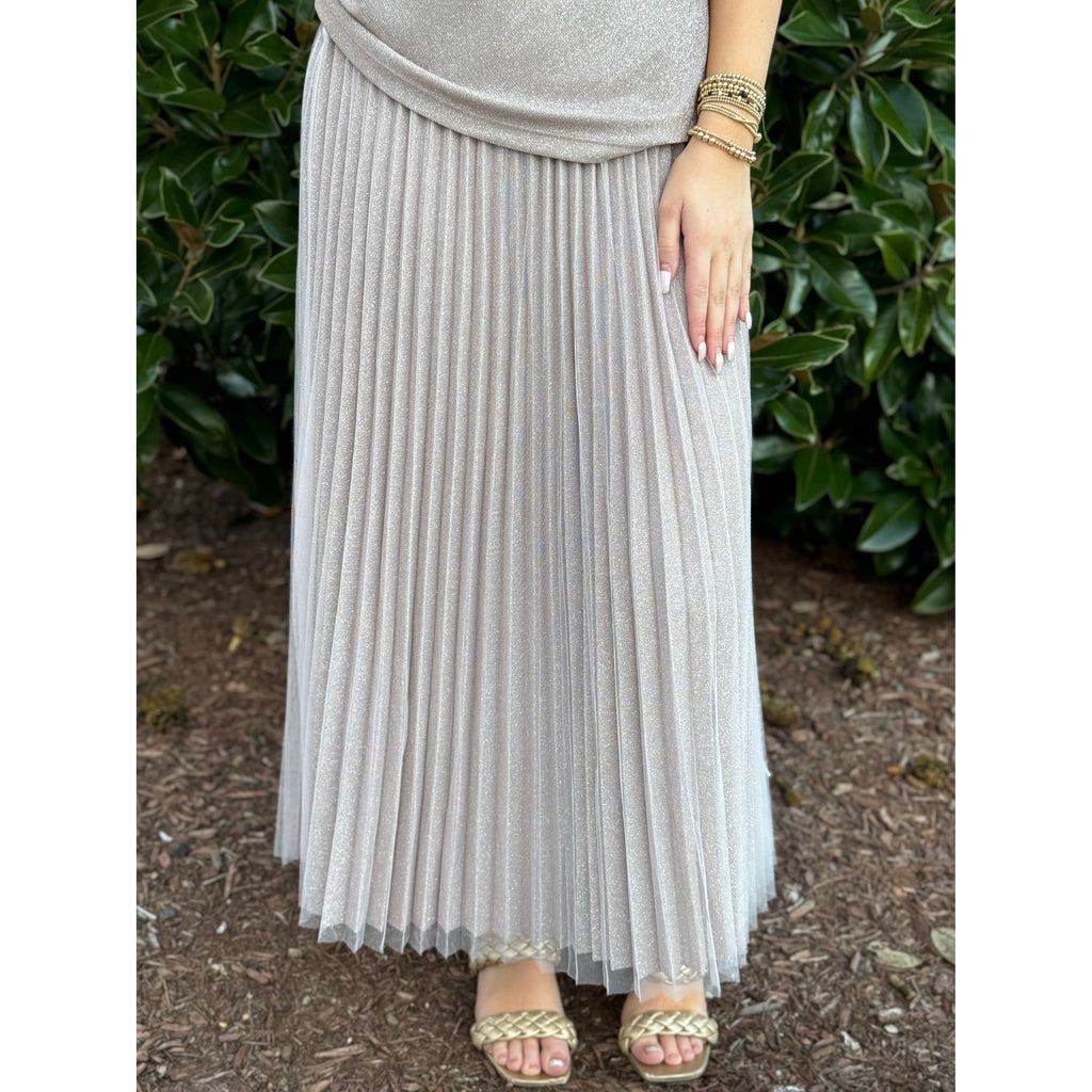 Ella Lurex Pleated Midi Skirt -Blush