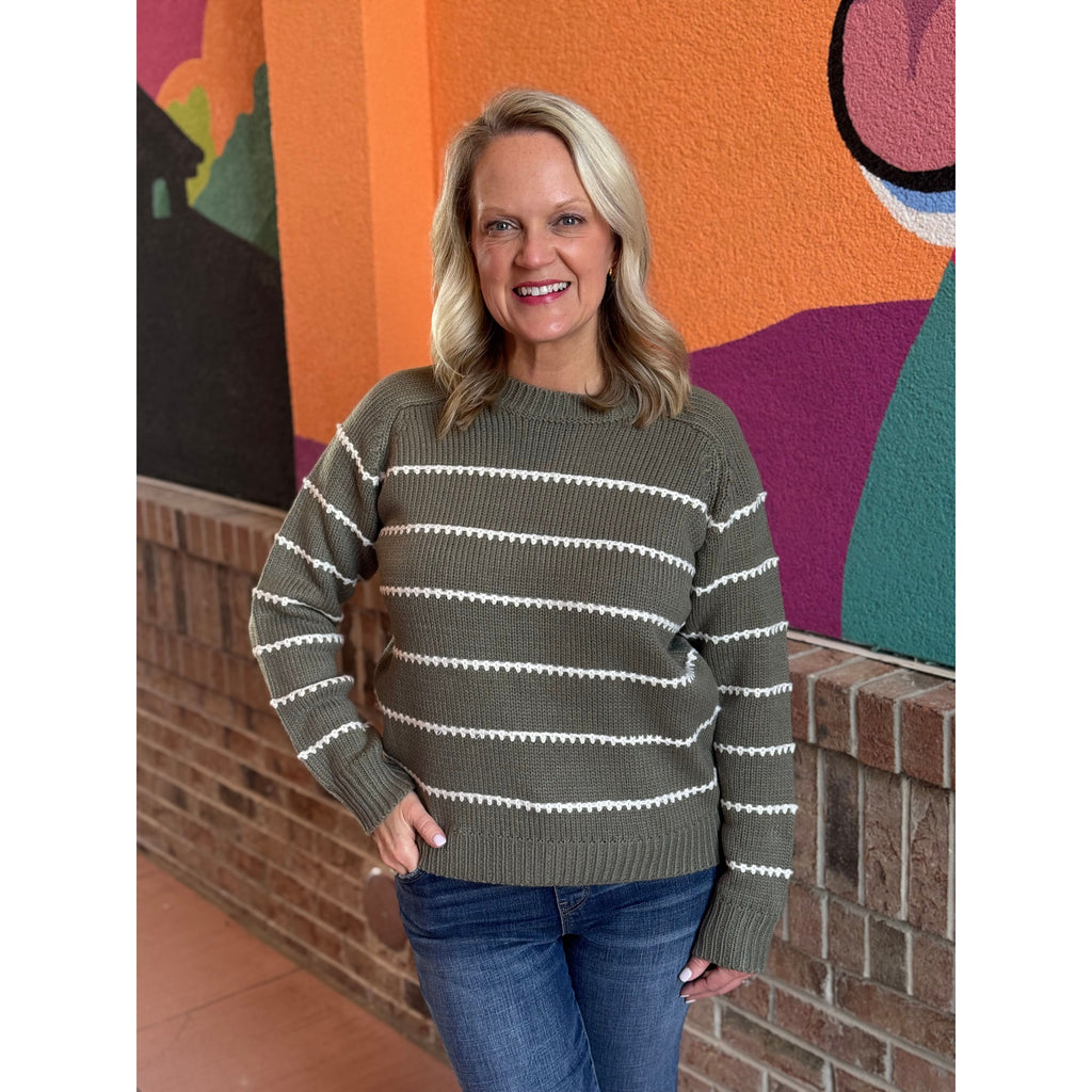 Karen Blanket Stitch Striped Pullover Sweater - Dark Olive