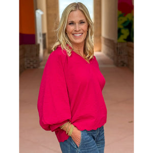 Gina Split V-Neck Textured Top - Crimson