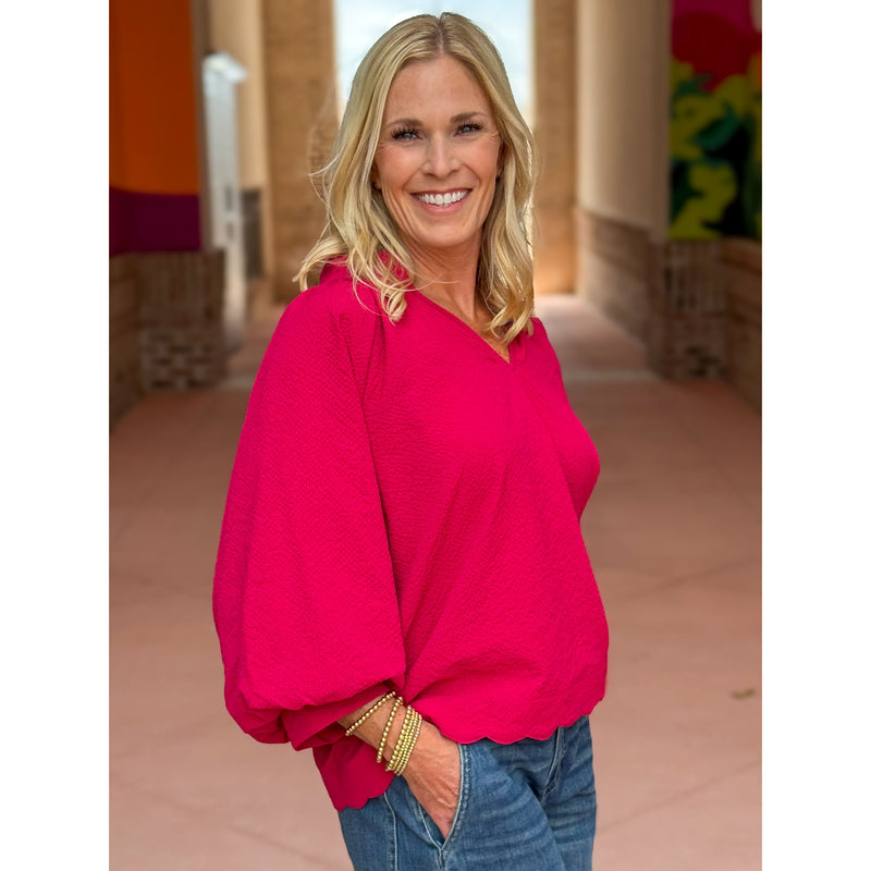 Gina Split V-Neck Textured Top - Crimson