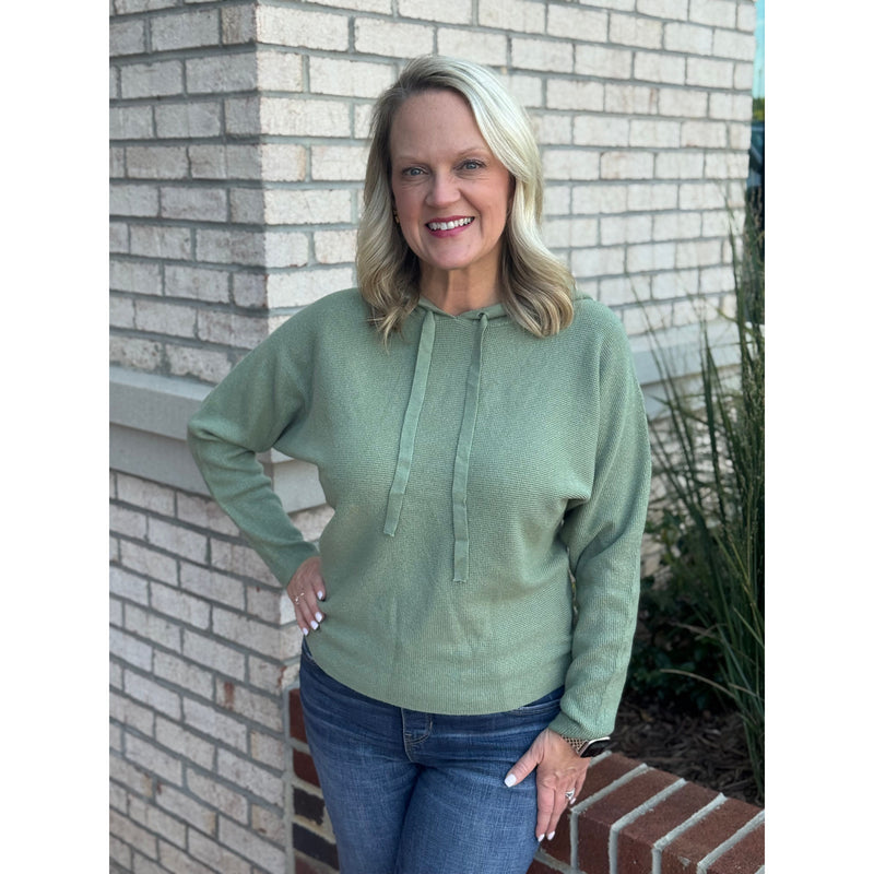 Darla Mini Waffle Texture Dolman Sleeve Hoodie Sweater - Dark Sage