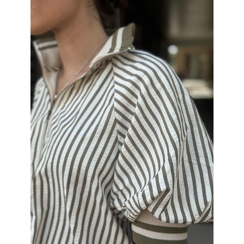 Amelia Short Sleeve Zip Collar Striped Top - Olive