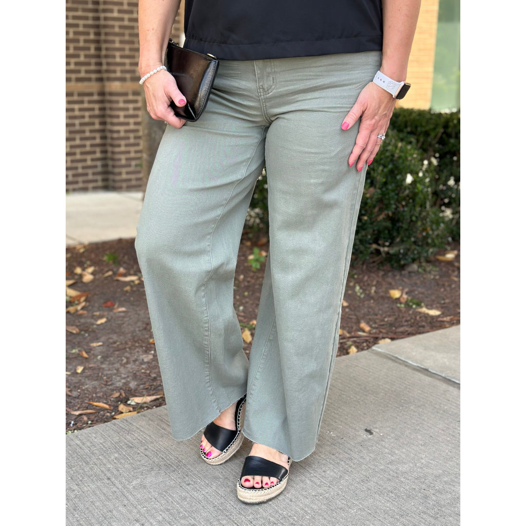 Jan Stretch High Waisted Twill Pants - Ash Olive