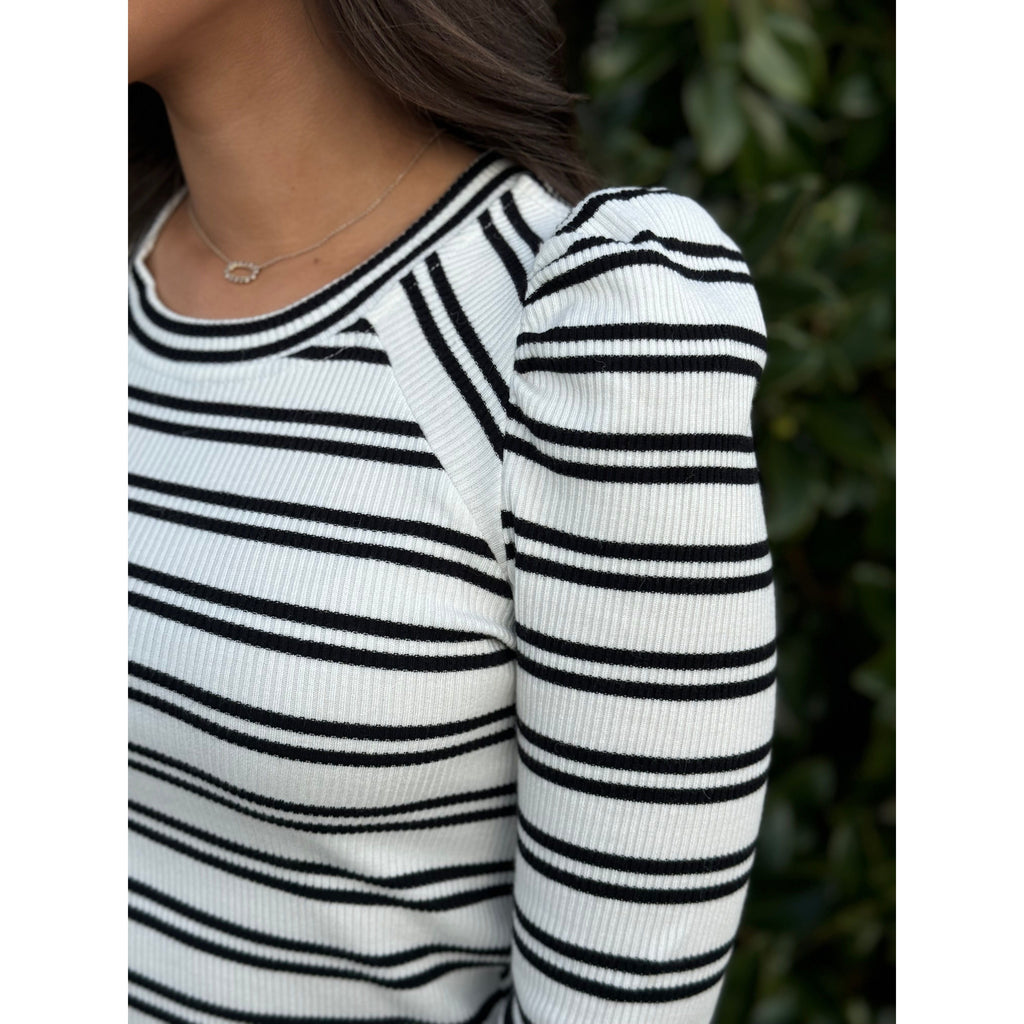 Sam Stripe Puff Sleeve Knit Top - Off White/Black