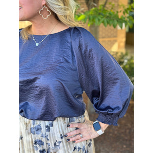 Cadence Round Neck Puff Sleeve Blouse - Midnight Blue