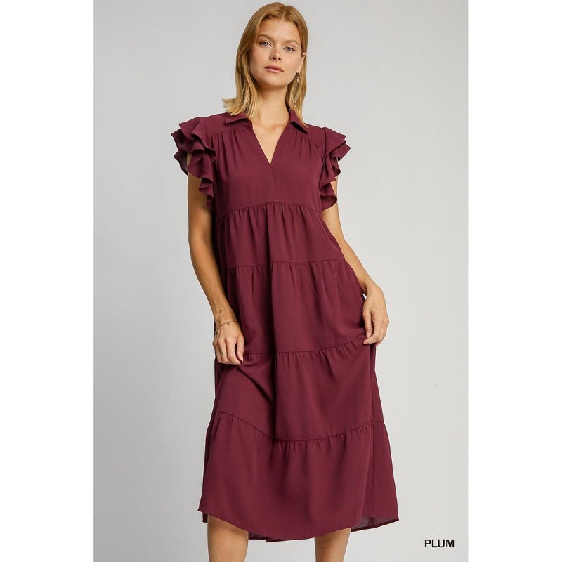 Kendall Split V-Neck Tiered Midi Dress - Plum