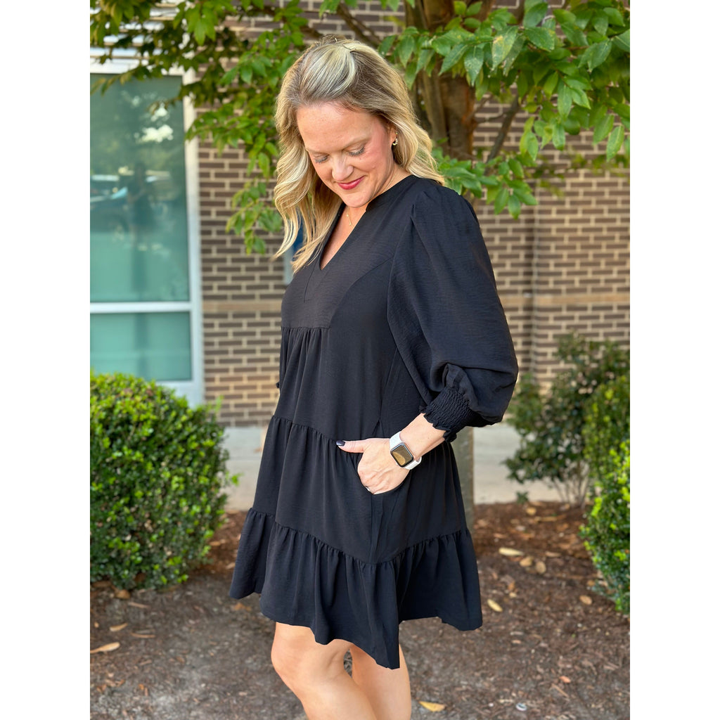 Bria V-Neck Tiered Mini Dress - Black