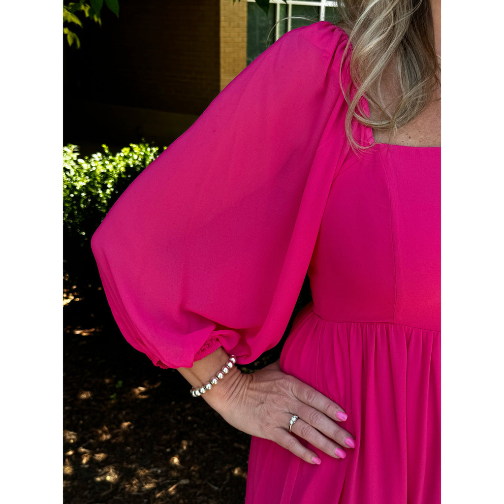 Amaretto Puff Sleeve Midi Dress - Fuchsia - FINAL SALE